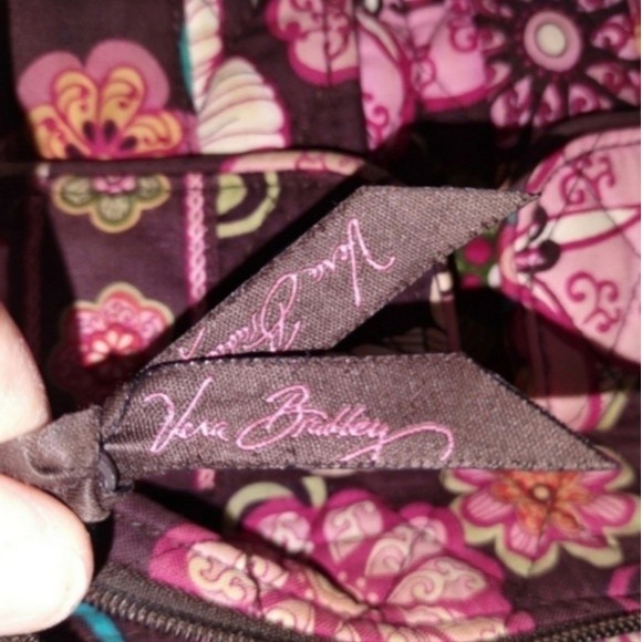 Vera Bradley "Libby" Brown & Pink Mod Floral Fabric Small Shoulder Bag 10"X6"X3" - Picture 5 of 9